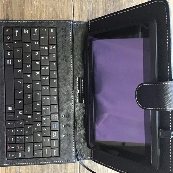 iRola tablet with case and keyboard.